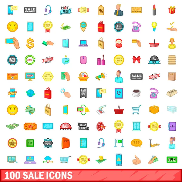 100 ícones de venda conjunto, estilo dos desenhos animados — Vetor de Stock