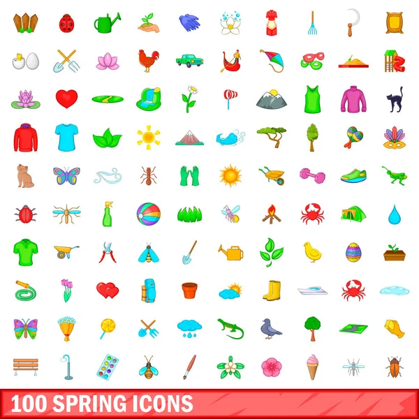 100 iconos de primavera conjunto, estilo de dibujos animados — Vector de stock