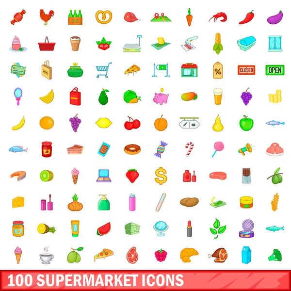 100 iconos de supermercado conjunto, estilo de dibujos animados — Vector de stock
