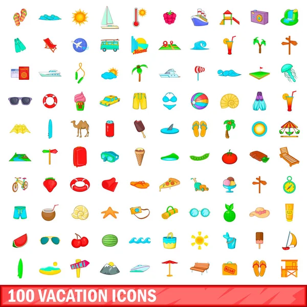 100 conjunto de iconos de vacaciones, estilo de dibujos animados — Vector de stock