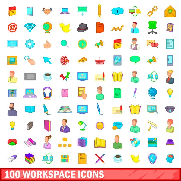 100 iconos de espacio de trabajo conjunto, estilo de dibujos animados — Vector de stock