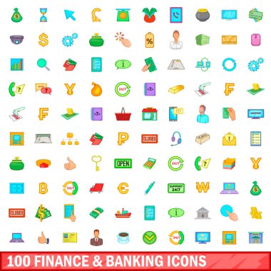100 Finans ve bankacılık Icons set, karikatür tarzı