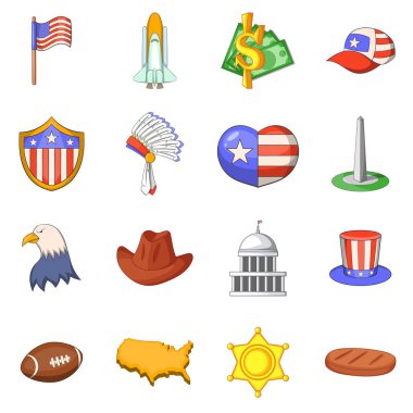 ABD seyahat öğeler simgeler ayarla, tarzı çizgi film