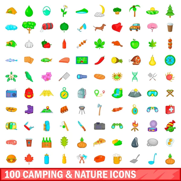 100 camping y la naturaleza iconos conjunto, estilo de dibujos animados — Vector de stock