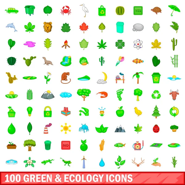 Conjunto de 100 iconos verdes y ecológicos, estilo de dibujos animados — Archivo Imágenes Vectoriales