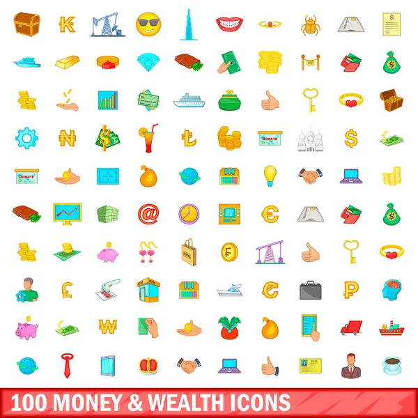 100 conjunto de ícones de dinheiro e riqueza, estilo cartoon — Vetor de Stock