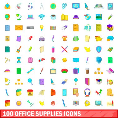 100 ofis malzemeleri Icons set, karikatür tarzı