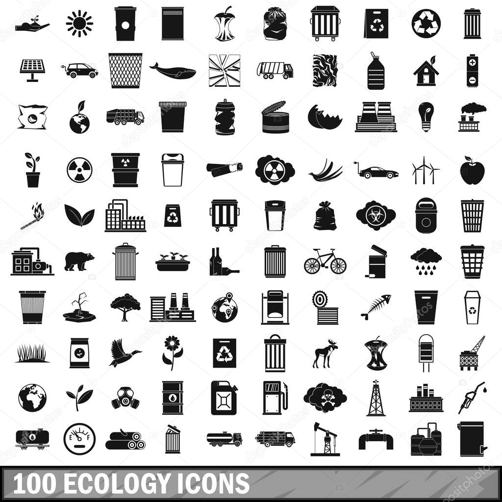 100 ecology icons set, simple style