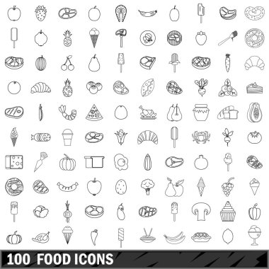 100 gıda Icons set, anahat stili