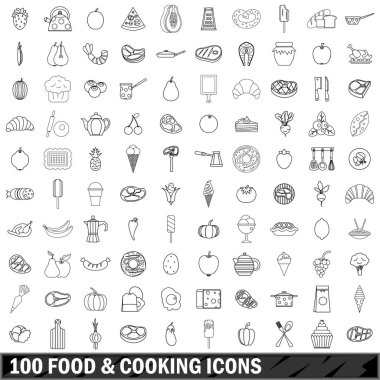 100 yemek ve pişirme Icons set, anahat stili