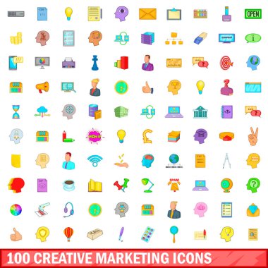 100 yaratıcı Icons set, pazarlama tarzı çizgi film