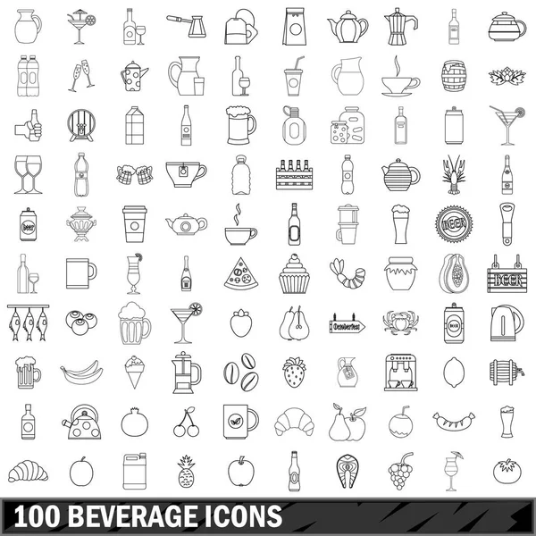 100 ikon minuman ditata, gaya garis luar - Stok Vektor