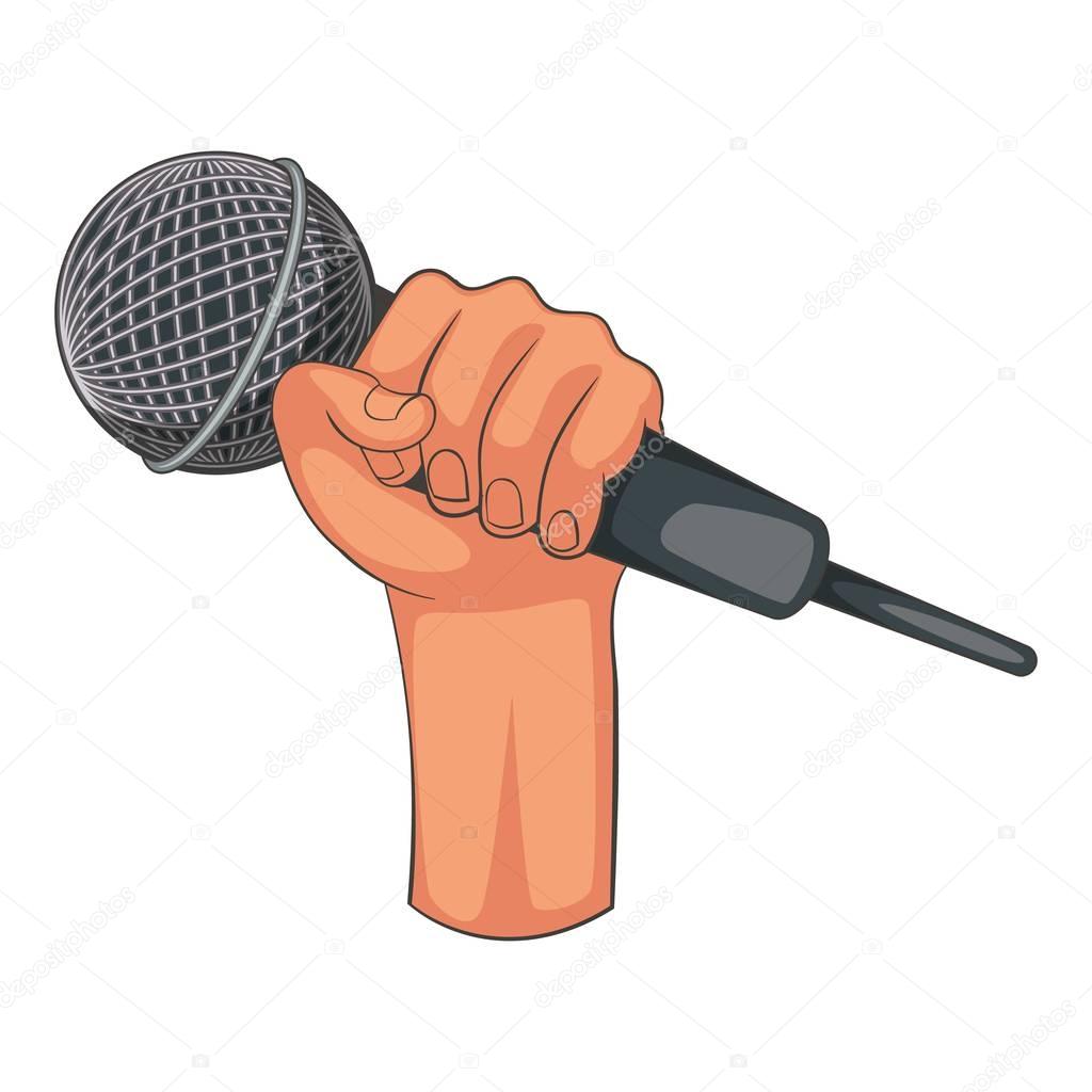 Hand holding microphone icon, cartoon style