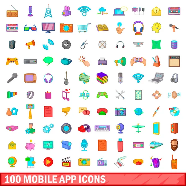 100 iconos de aplicaciones móviles conjunto, estilo de dibujos animados — Vector de stock