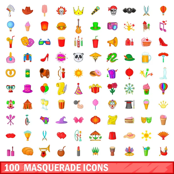 100 iconos de mascarada conjunto, estilo de dibujos animados — Vector de stock