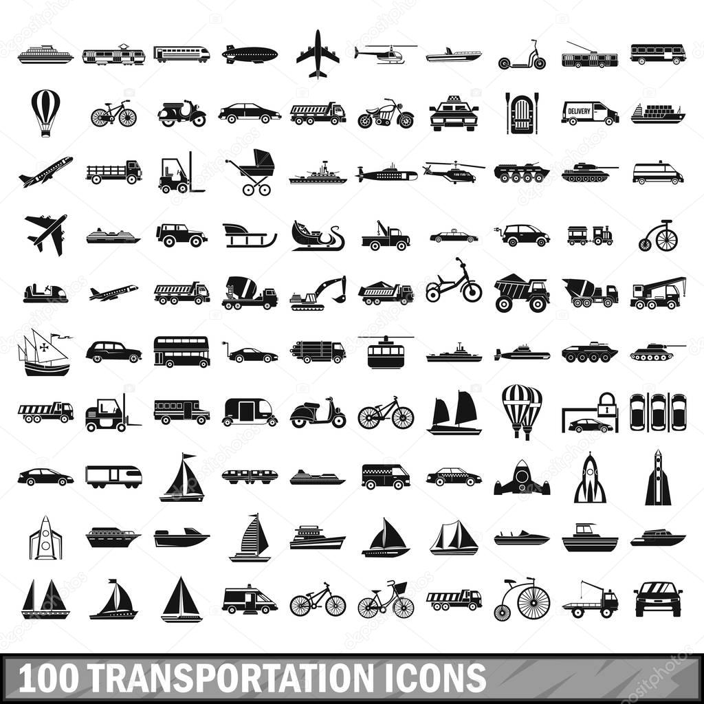 100 transportation icons set in simple style