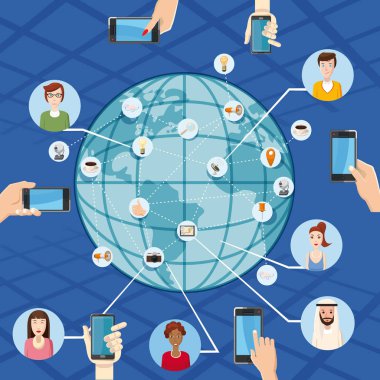 Teknoloji kavramı küresel pazarlama, karikatür tarzı