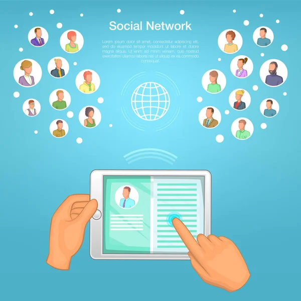 Δισκίο έννοια κοινωνικό δίκτυο, κινούμενα σχέδια στυλ — Διανυσματικό Αρχείο