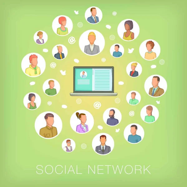 Notebook di concetto di social network, stile cartone animato — Vettoriale Stock