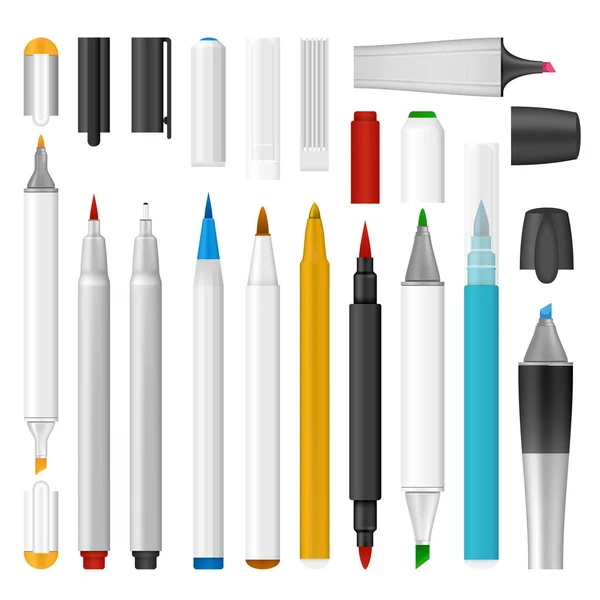 Conjunto de mockup marcador de caneta de ponta de feltro, estilo realista — Vetor de Stock