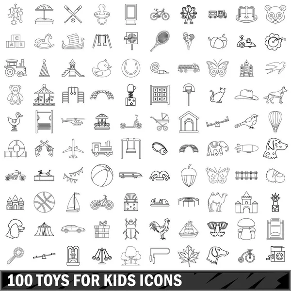100 juguetes para niños conjunto de iconos, estilo de esquema — Vector de stock
