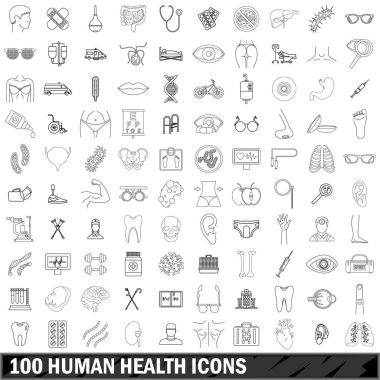 100 insan sağlığı Icons set, anahat stili