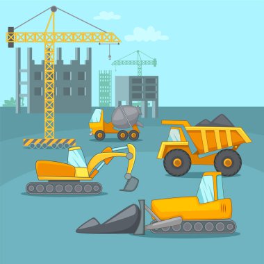 Bina işlem kavramı kamyonlar, karikatür tarzı