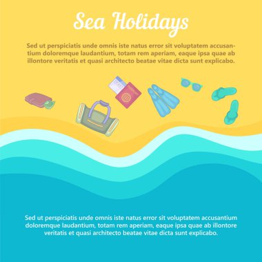 Deniz dinlenme kavramı plaj öğeleri, karikatür tarzı
