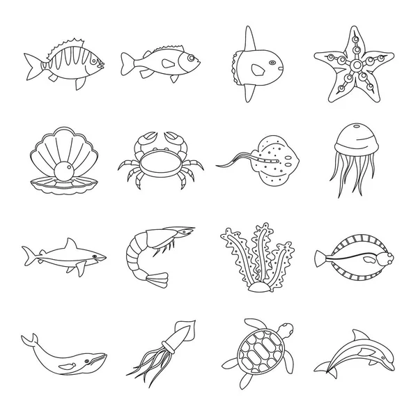 海の動物アイコン セット、otline スタイル — ストックベクタ