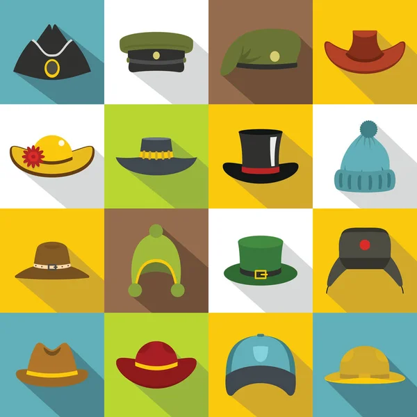 Pokrývka hlavy klobouk ikony set, plochý — Stockový vektor