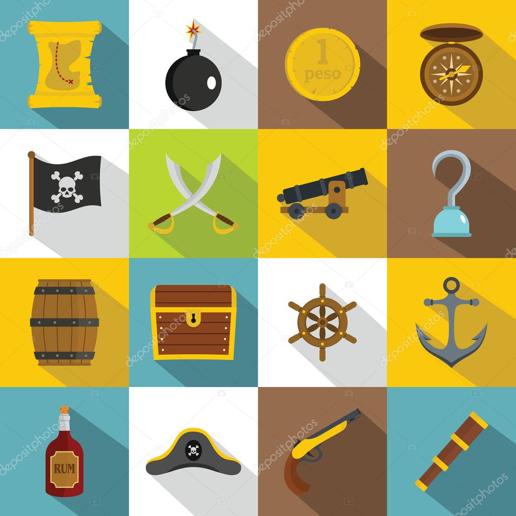 Pirate icons set, flat style