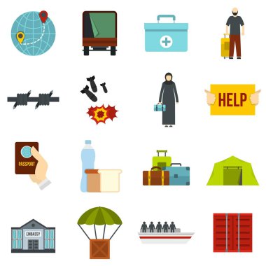 Mülteciler sorunu düz Icons set