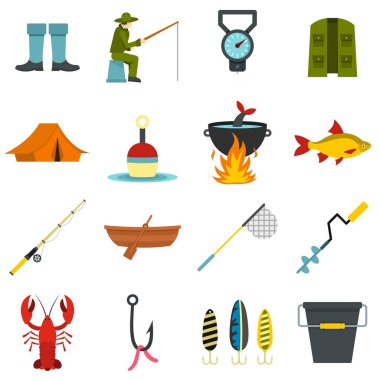 Balık tutma araçları düz Icons set