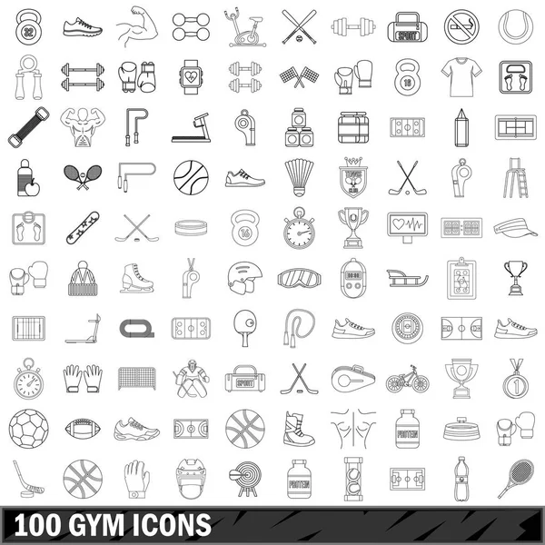 100 Fitness-Icons gesetzt, Stil skizziert — Stockvektor