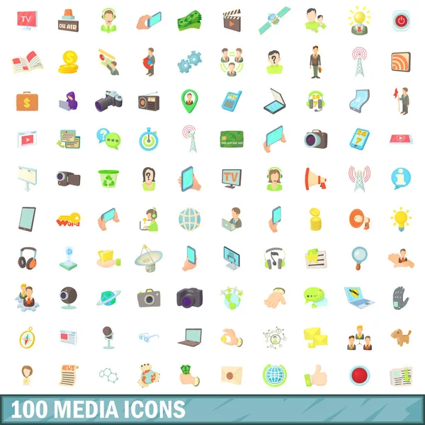 100 iconos de los medios de comunicación conjunto, estilo de dibujos animados — Vector de stock