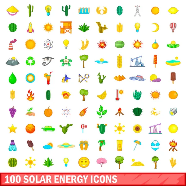 100 піктограм сонячної енергії, мультиплікаційний стиль — стоковий вектор