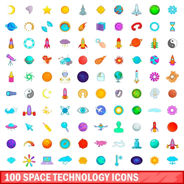 100 піктограм космічних технологій, мультиплікаційний стиль — стоковий вектор
