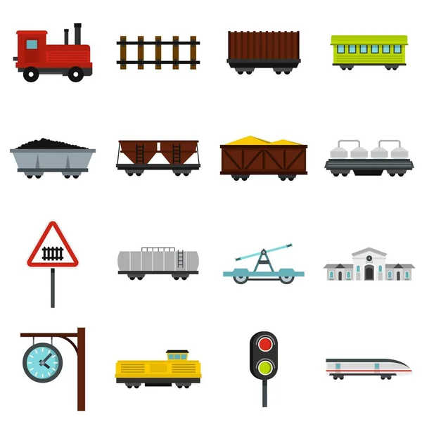 Ensemble ferroviaire icônes plates — Image vectorielle