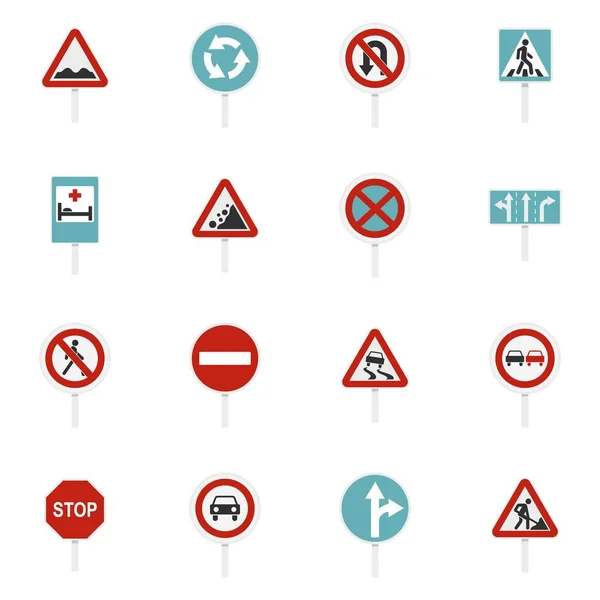 Verschiedene Verkehrsschilder setzen flache Symbole — Stockvektor