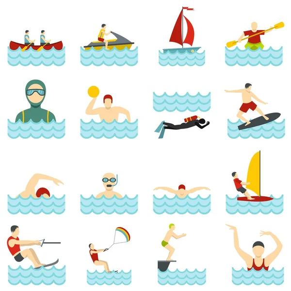Desporto aquático conjunto ícones planos — Vetor de Stock