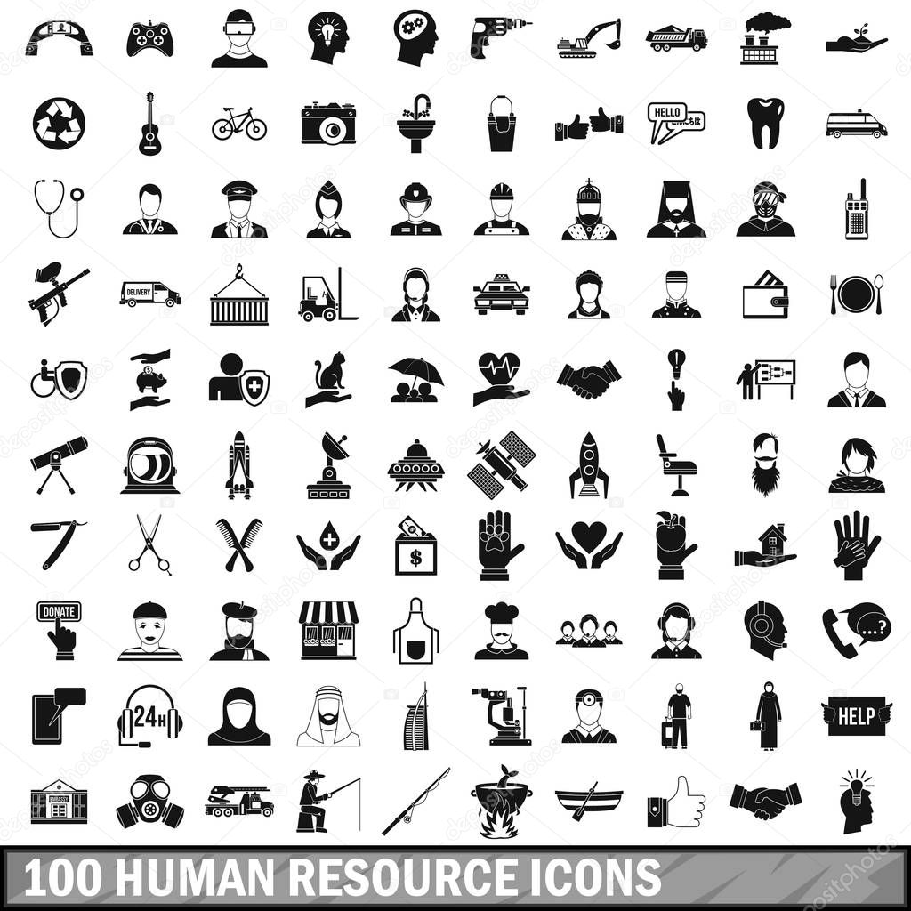100 human resources icons set in simple style