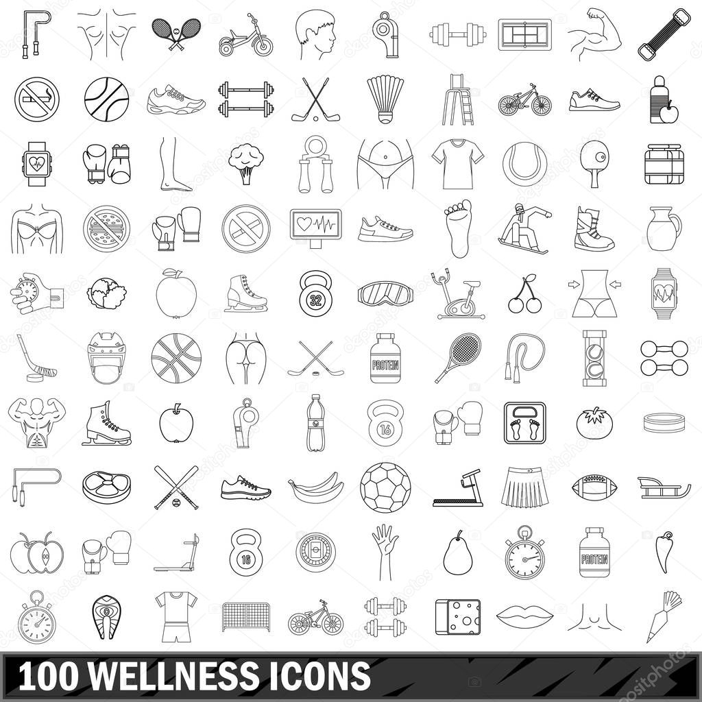 100 wellness icons set, outline style