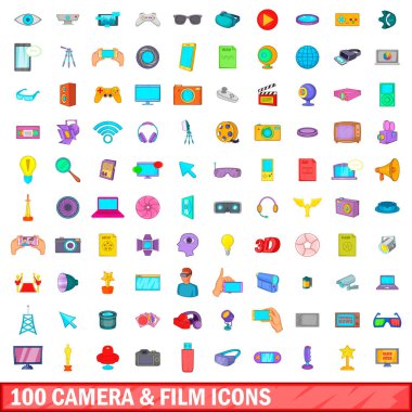 100 fotoğraf makinesi ve film simgeler ayarla, tarzı çizgi film