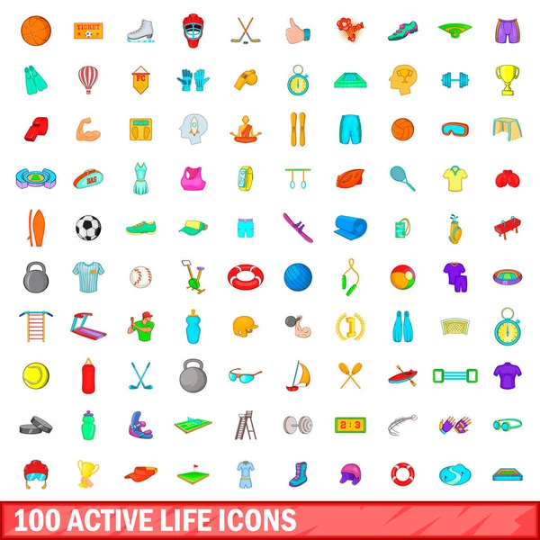 100 conjunto de ícones de vida ativa, estilo cartoon — Vetor de Stock