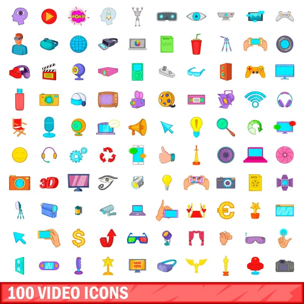 100 iconos de vídeo conjunto, estilo de dibujos animados — Vector de stock