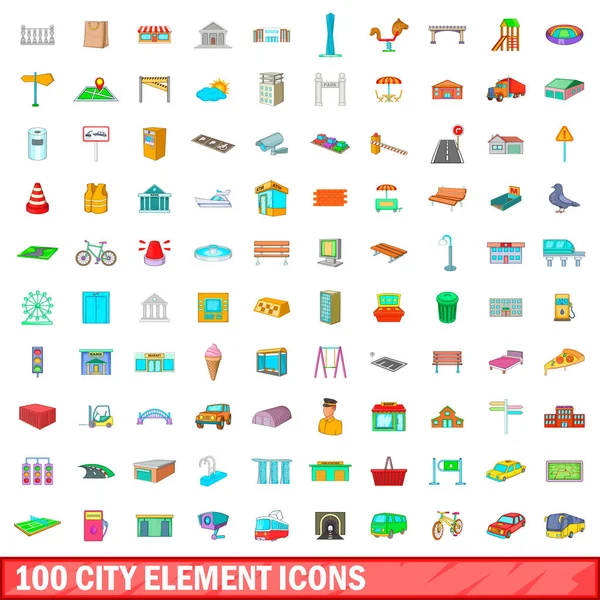 100 elementos de la ciudad iconos conjunto, estilo de dibujos animados — Vector de stock
