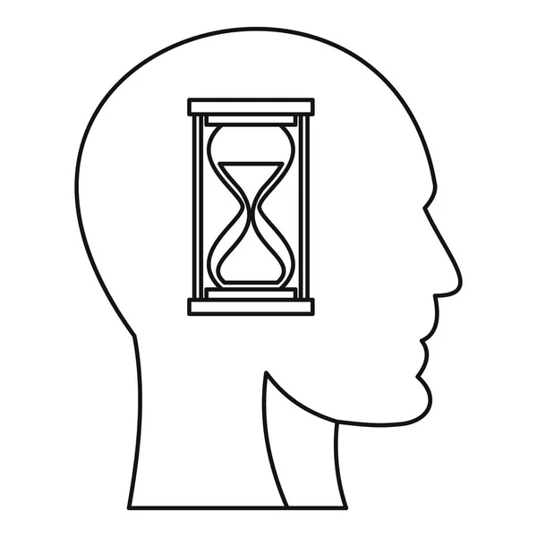 Hourglass inside human head icon, outline style — Stock Vector