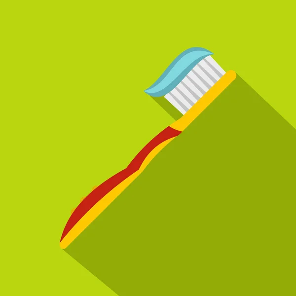 Cepillo de dientes amarillo con icono de pasta de dientes, estilo plano — Vector de stock