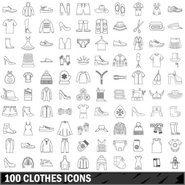 100 giyim Icons set, anahat stili