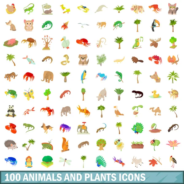 100 животных и растений набор иконок, стиль мультфильма — стоковый вектор